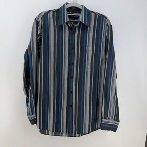 Expressions International Button Down Mens Medium Blue Gray Striped Long Sleeve